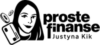 Logo Proste Finanse Justyna Kik – rysunkowa postać z symbolem karty kredytowej i monet