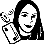 Ikona witryny - rysunkowa postać z symbolem karty kredytowej i monet